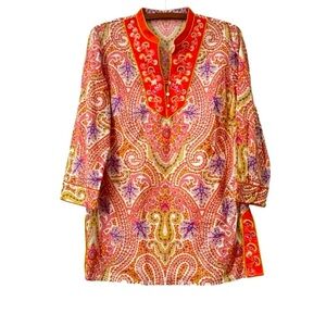 ROBERT GRAHAM Cotton Orange
Floral Paisley 3/4 Sleeve Tunic Blouse, Boho